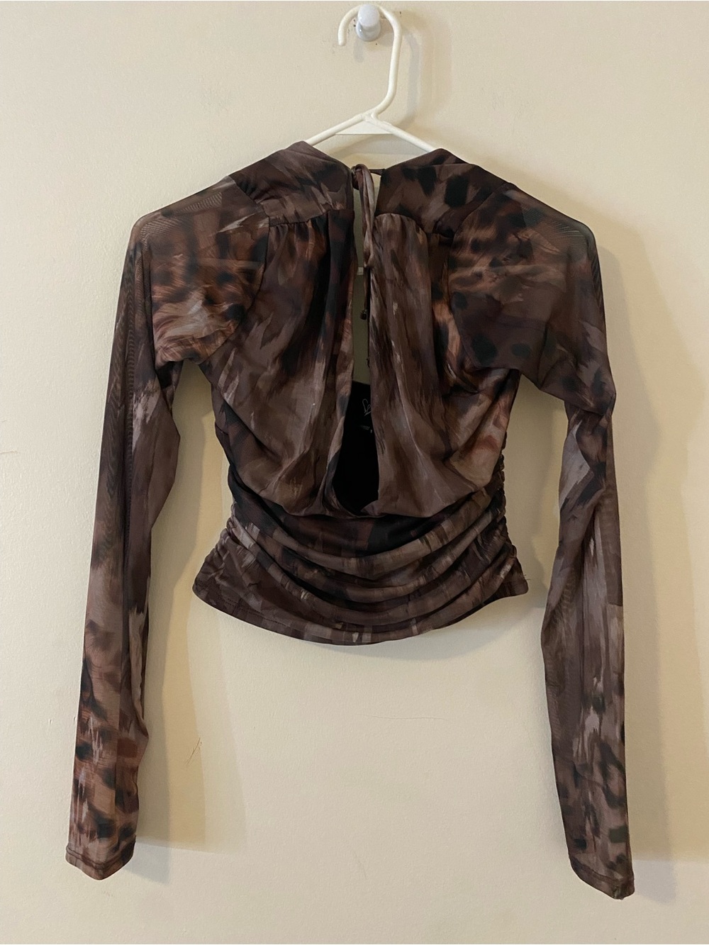 Y2K Mesh Brown Leopard Print Mockneck Long Sleeve Women's Top size Large
